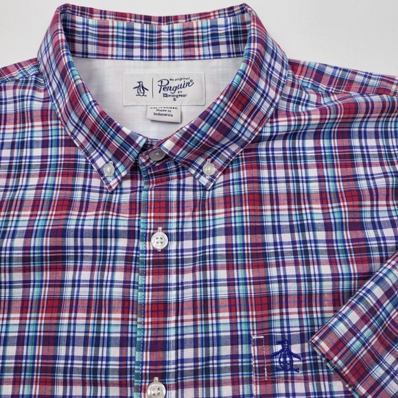 Original Penguin Plaid Button Up Short Sleeve Casual Shirt boys Size XXLarge - Picture 1 of 8